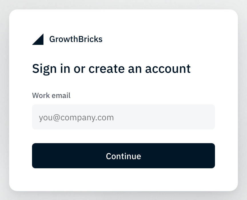 Current GrowthBricks sign-in form with Work email and Continue.